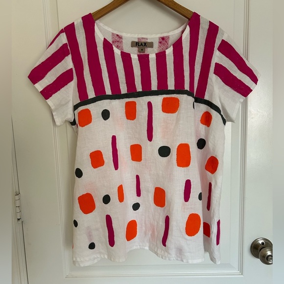 FLAX Women’s White Painted Unique Linen Short Sleeve Top Medium - Picture 3 of 12